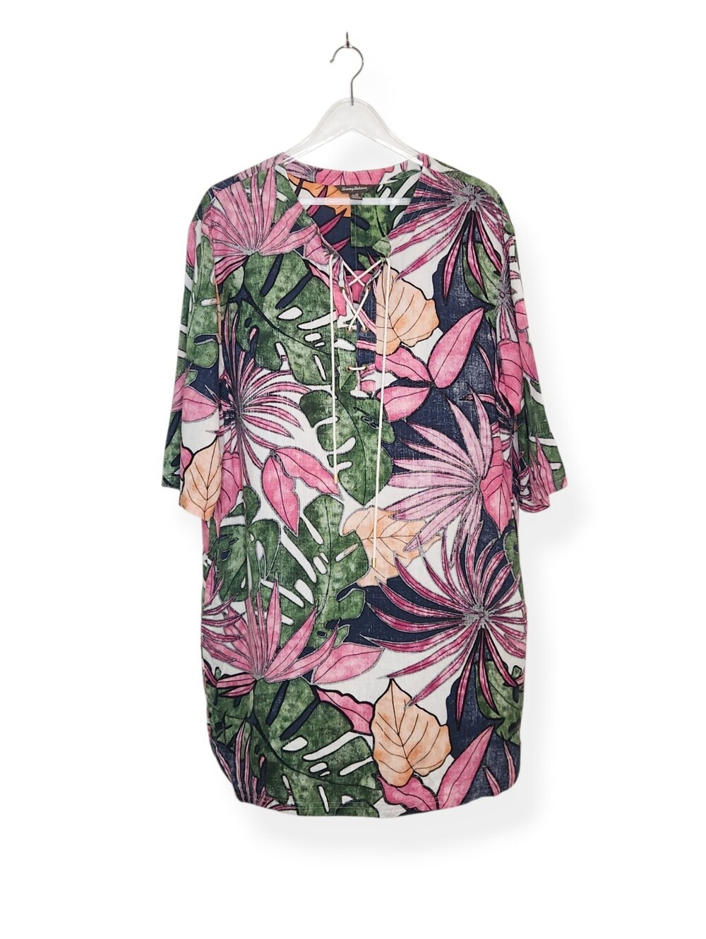 Tommy Bahama Women's Linen Tropical Floral Print Dress Green Pink Size Large